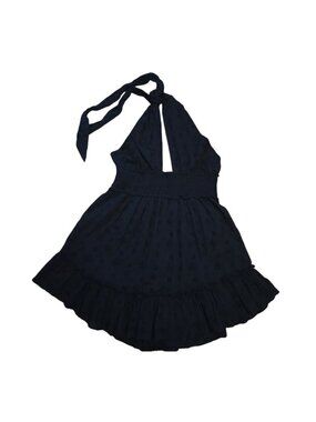 Aerie Black Halter Mini Dress Smocked Waist Open Back Eyelet Size L.